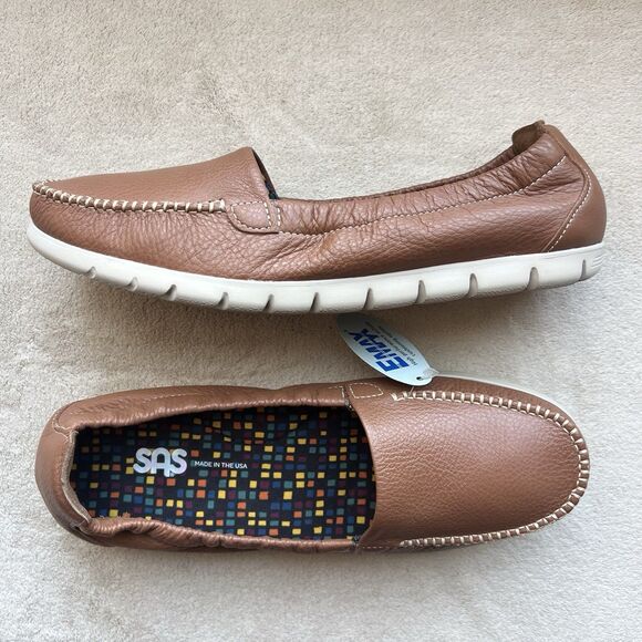 NEW SAS Sunny Pecan Brown Leather Slip On  Loafer Flat Shoes Women 9.5 W Casual - Picture 1 of 16